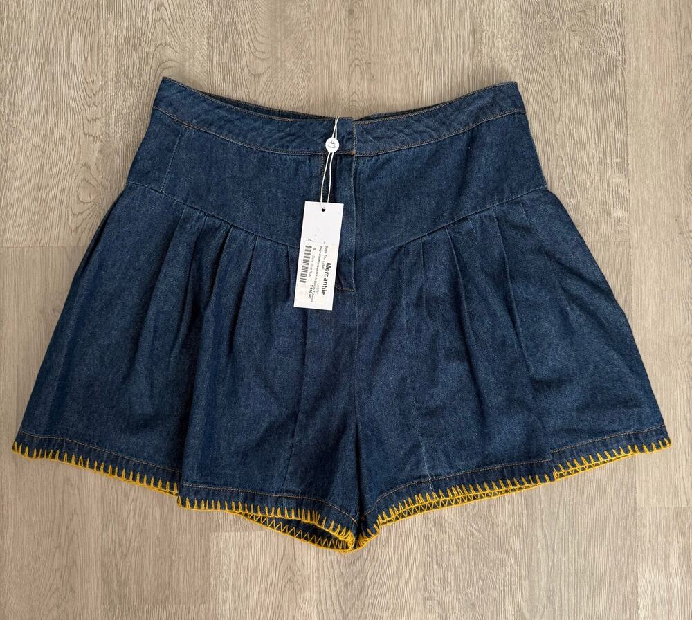Sage New Women's Dark Blue Magnolia Blanket Stitch Denim Flounce Short Size S